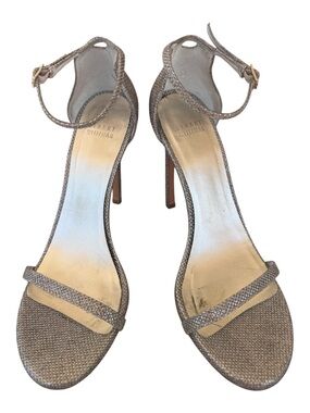 Stuart Weitzman Gold Shimmer Nudist Ankle-Strap Stiletto Sandals - Size 9